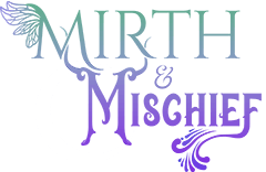 Mirth & Mischief&rdquo; shimmers in pastel blue-purple gradients, with a winged M and crescent moon, reflecting Uhuburg Castle magic. &mdash; Mirth & Mischief