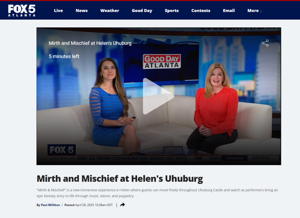 Magical FOX 5 Atlanta segment: Two hosts chat “Mirth & Mischief,” spotlighting enchanting Uhuburg Castle fantasy theater; 5 mins left. — Mirth & Mischief