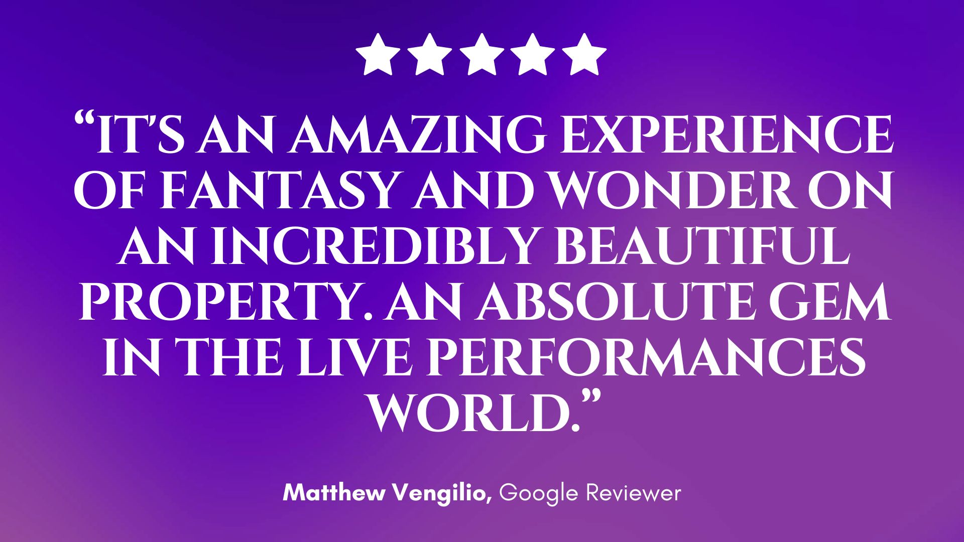 A magical purple gradient frames five glowing stars above a Mirth & Mischief review: “An enchanting fantasy on gorgeous grounds.”. — Mirth & Mischief