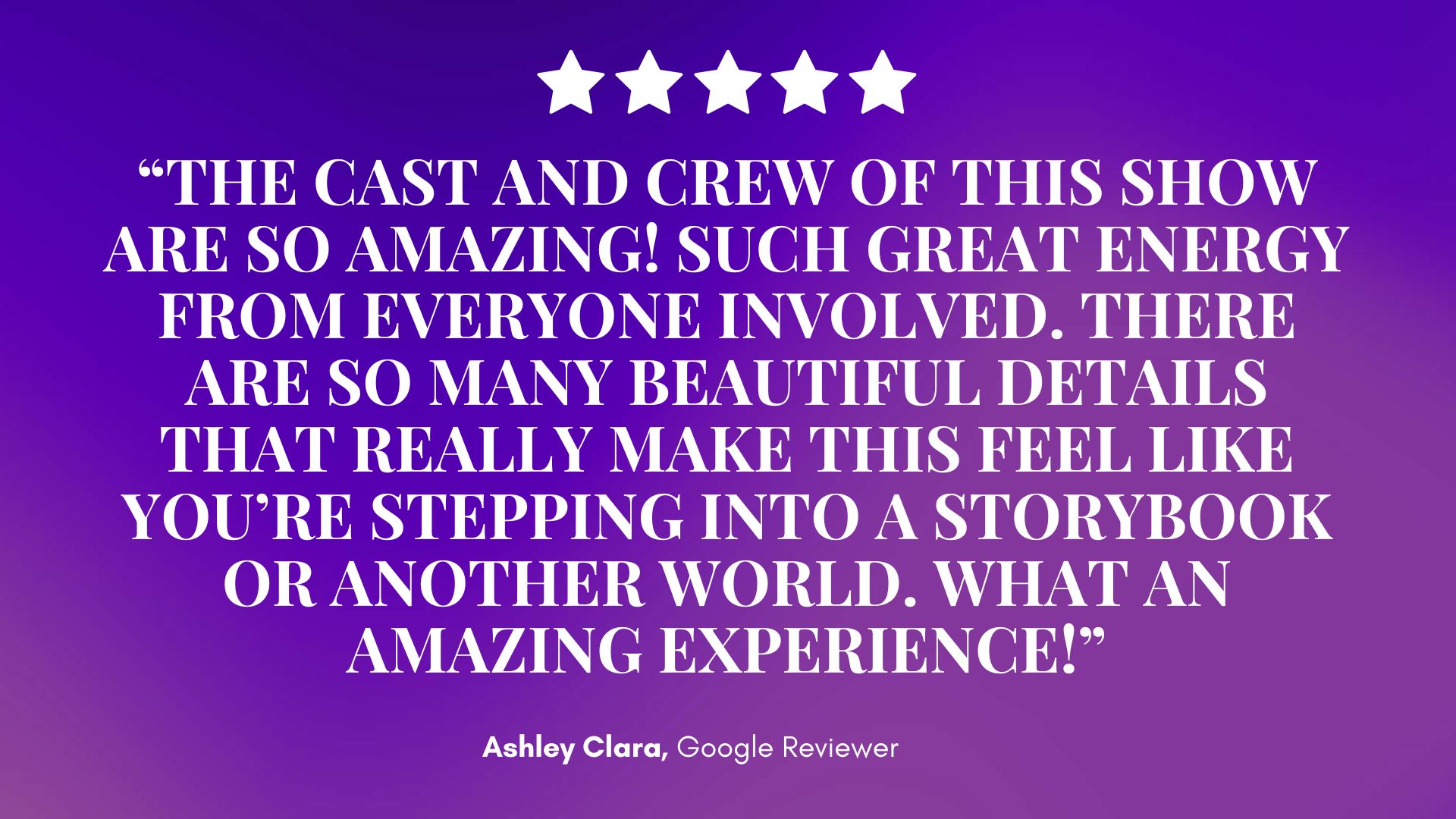 Glowing five-star review for Mirth & Mischief: white bold text on a dreamy purple gradient, praising cast, crew, and ambiance. — Mirth & Mischief