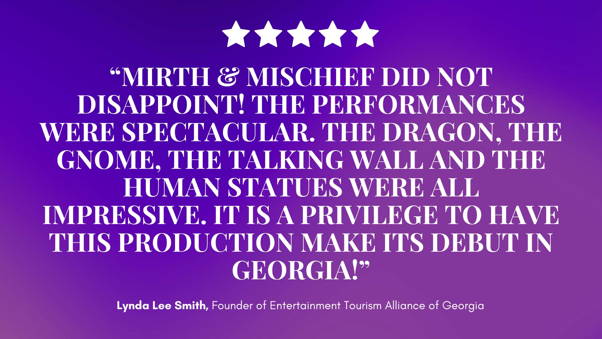 An enchanting purple backdrop sparkles with five white stars. “‘Mirth & Mischief’ did not disappoint!” shines in bold white, with Lynda Lee Smith credited below. — Mirth & Mischief