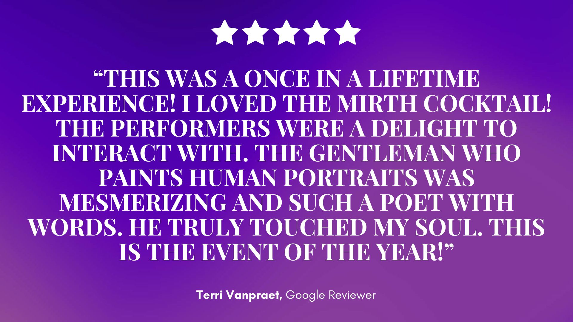 A 5-star review on a purple gradient backdrop for Mirth & Mischief celebrates “the event of the year”—cocktails, performers, and art. — Mirth & Mischief