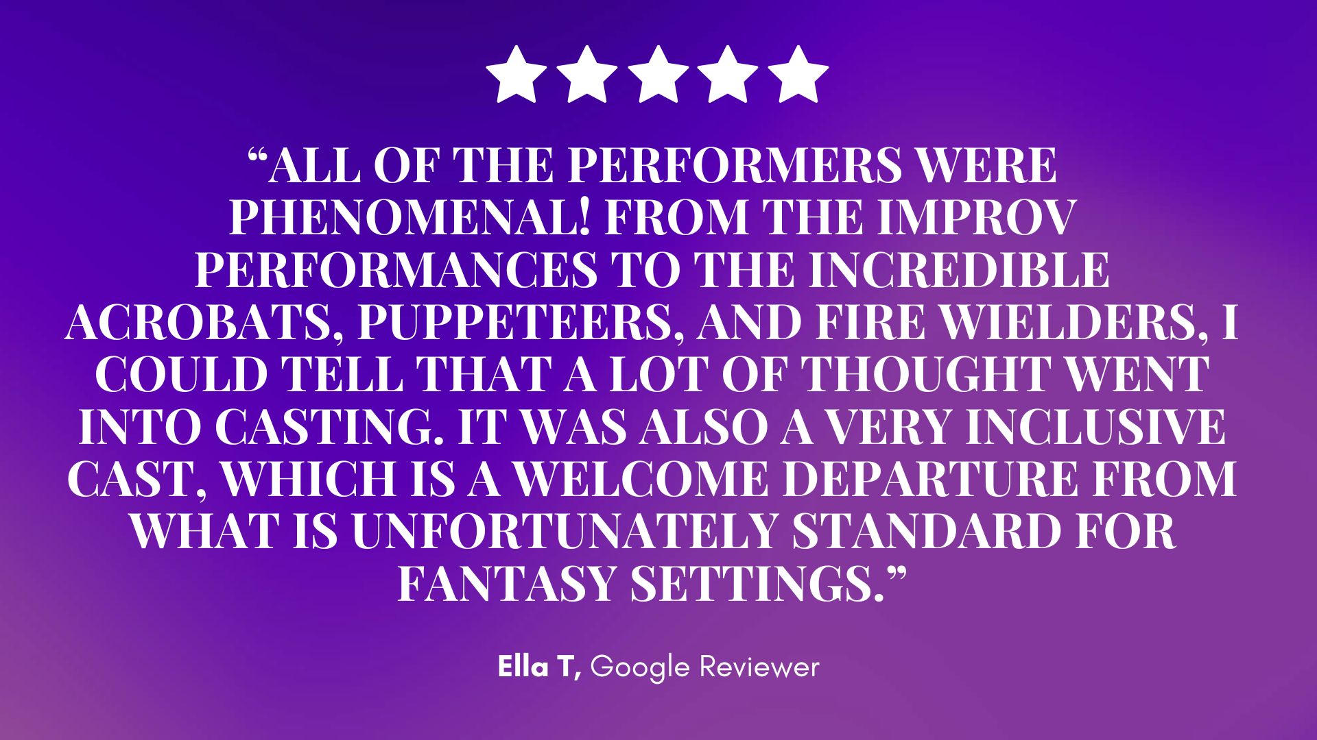 A magical five-star review on a glowing purple gradient says Mirth & Mischief features a phenomenal, inclusive fantasy cast. Ella T, Google Reviewer. — Mirth & Mischief