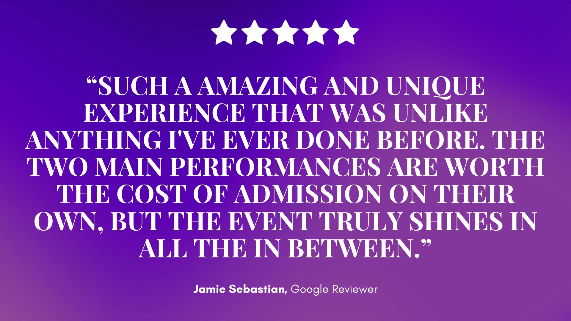 Magical Mirth & Mischief graphic: five-star rating, glowing review in bold white on purple, lauding performances, by Jamie Sebastian. — Mirth & Mischief