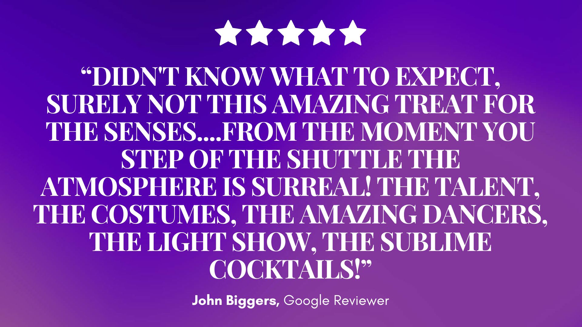 A five-star review for Mirth & Mischief glows on a dreamy purple gradient, lauding its surreal show, costumes, dancers, and cocktails. — Mirth & Mischief