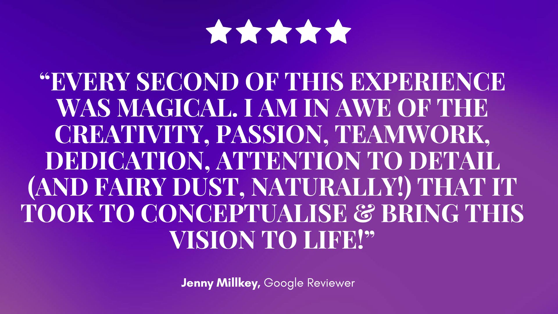 A glowing five-star review for Mirth & Mischief on a purple gradient, celebrating magical creativity and teamwork—credited to Jenny Millkey. — Mirth & Mischief