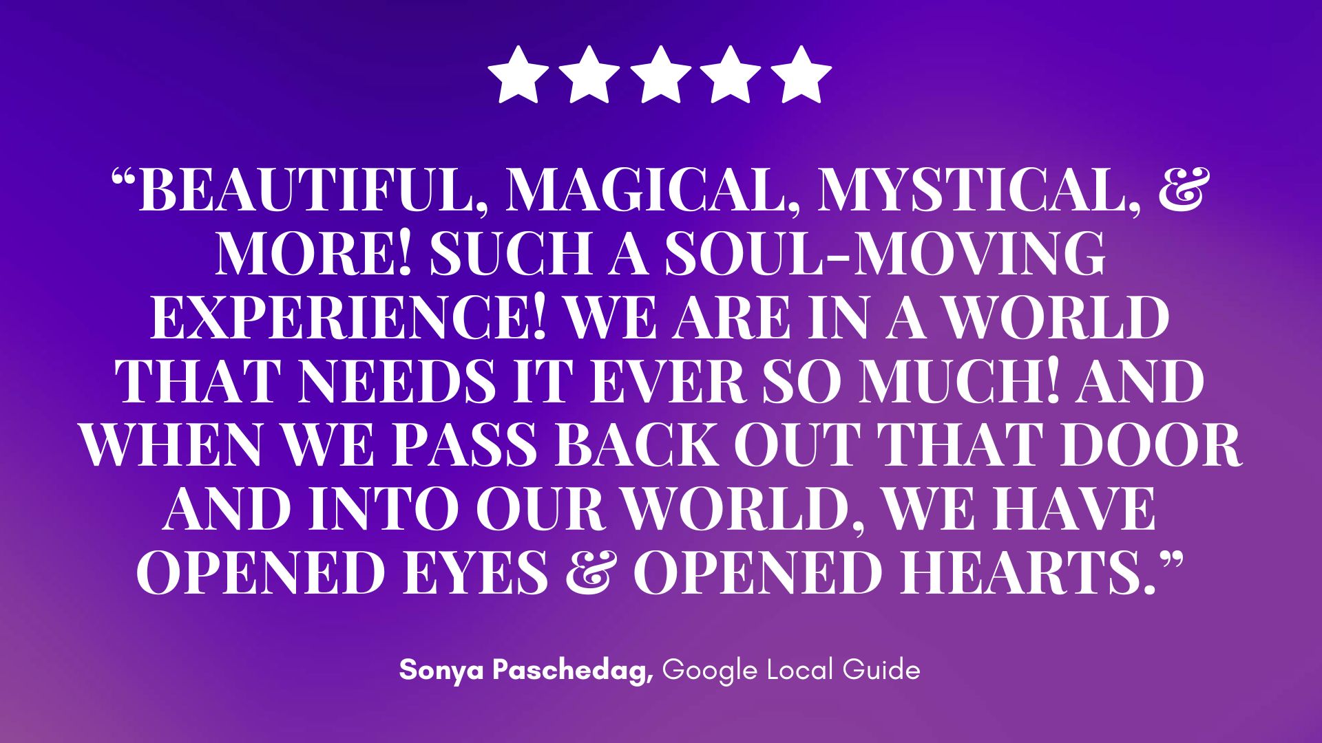 Five sparkling stars crown a glowing Mirth & Mischief review—magical, mystical, soul-stirring—on a dreamy purple gradient. — Mirth & Mischief