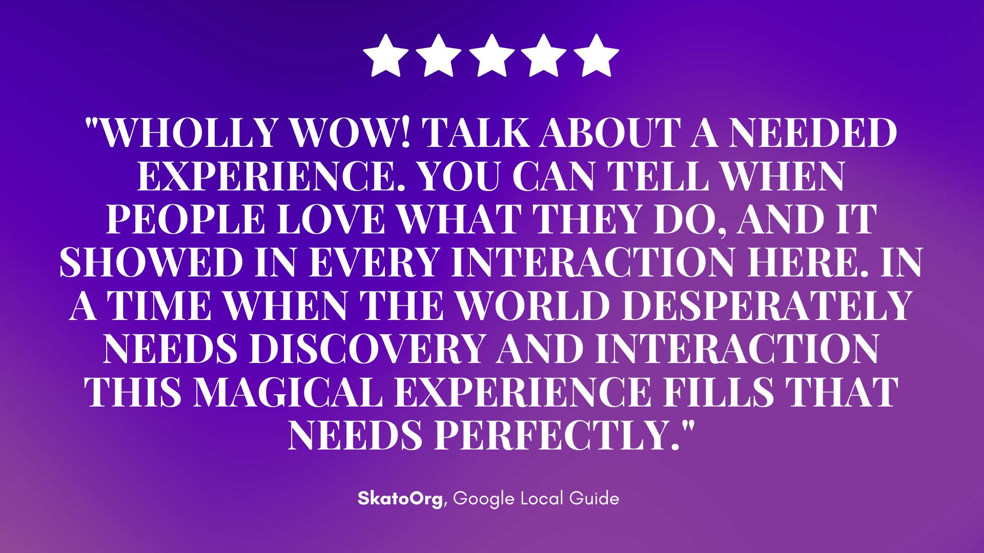On a vibrant purple gradient, a five-star Mirth & Mischief review glows: “WHOLLY WOW! This magical experience fills every need!”. — Mirth & Mischief