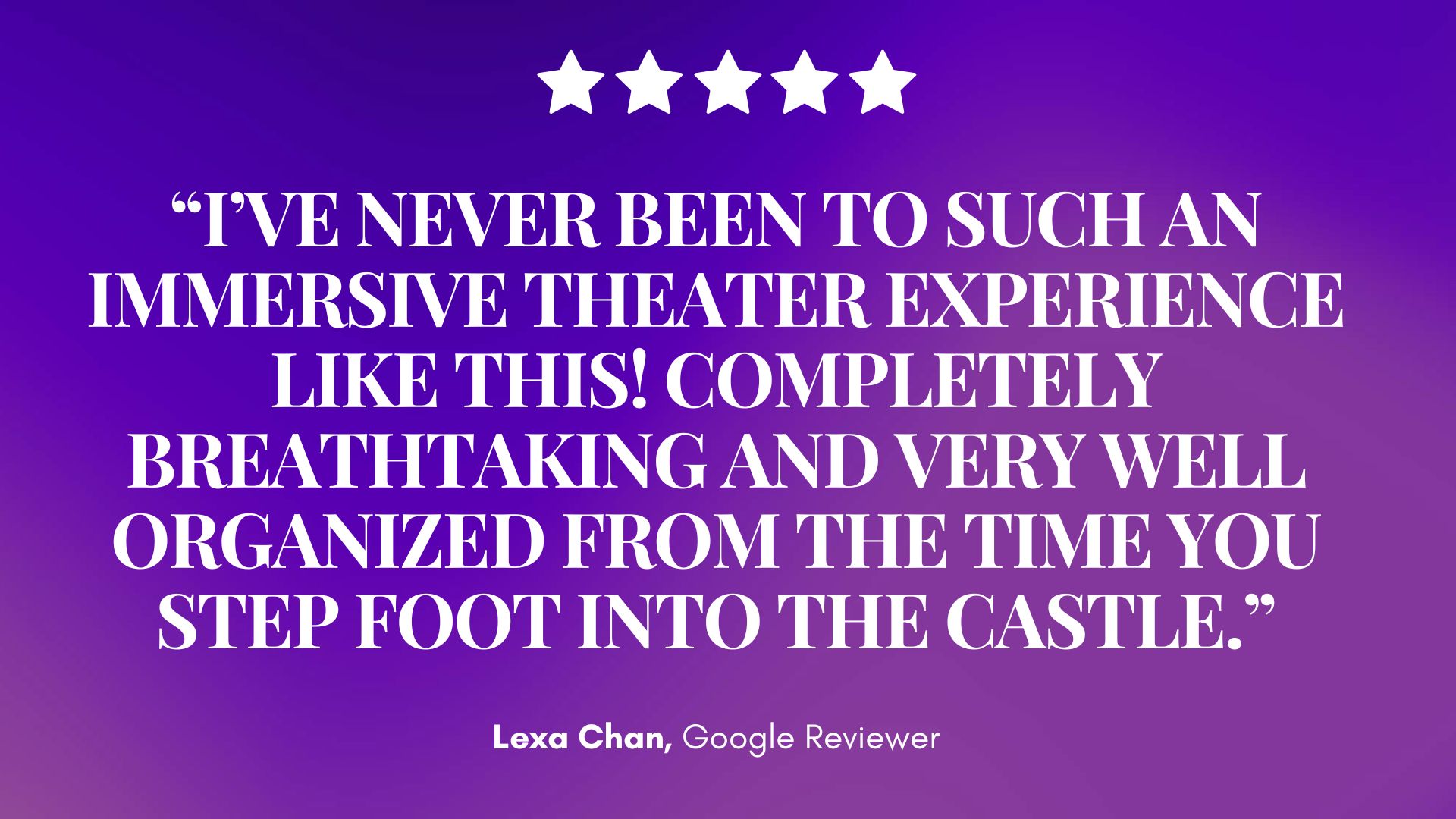 Five glowing stars crown a bold white review on a dreamy purple gradient, lauding Mirth & Mischief’s immersive theater magic. Lexa Chan, Google reviewer, credited below. — Mirth & Mischief