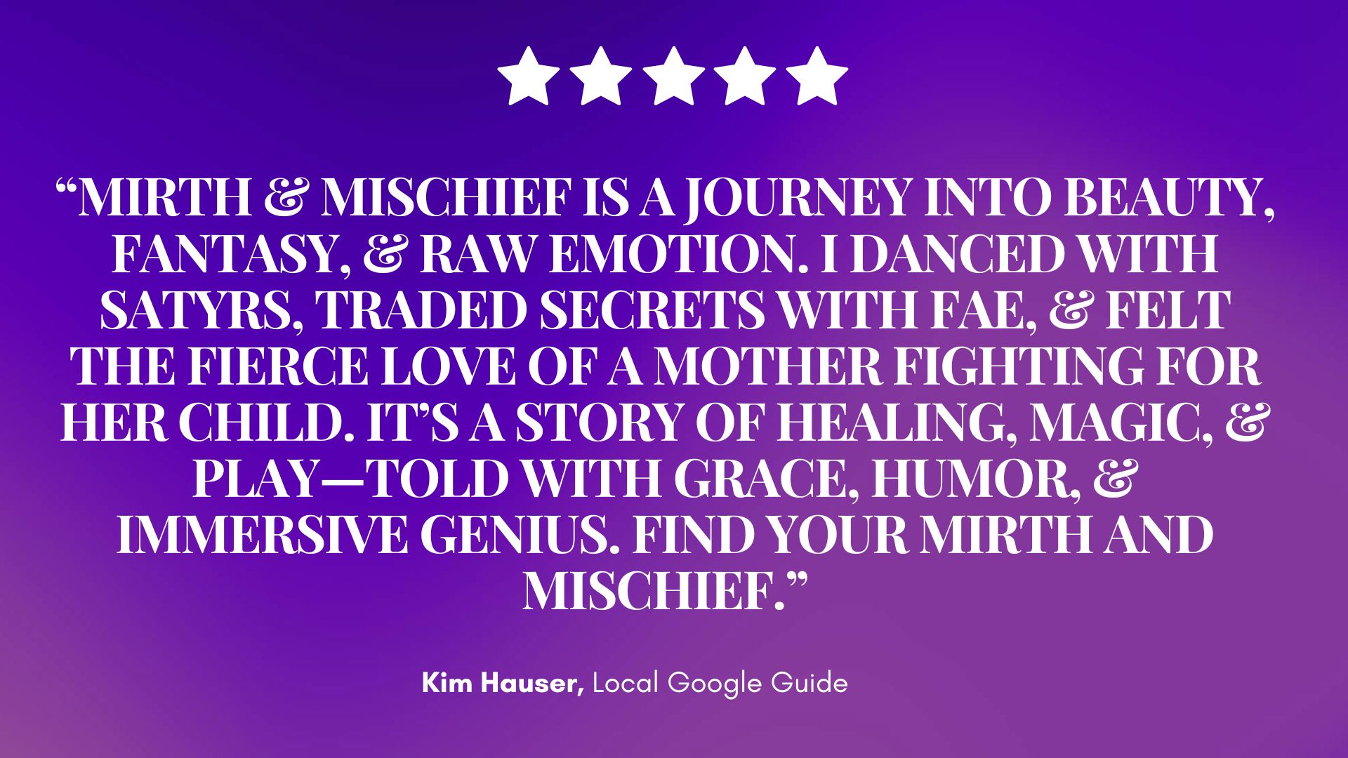 A dreamy purple gradient shimmers with five white stars above a bold review: “‘Mirth & Mischief’ weaves beauty, fantasy, & emotion…”. — Mirth & Mischief
