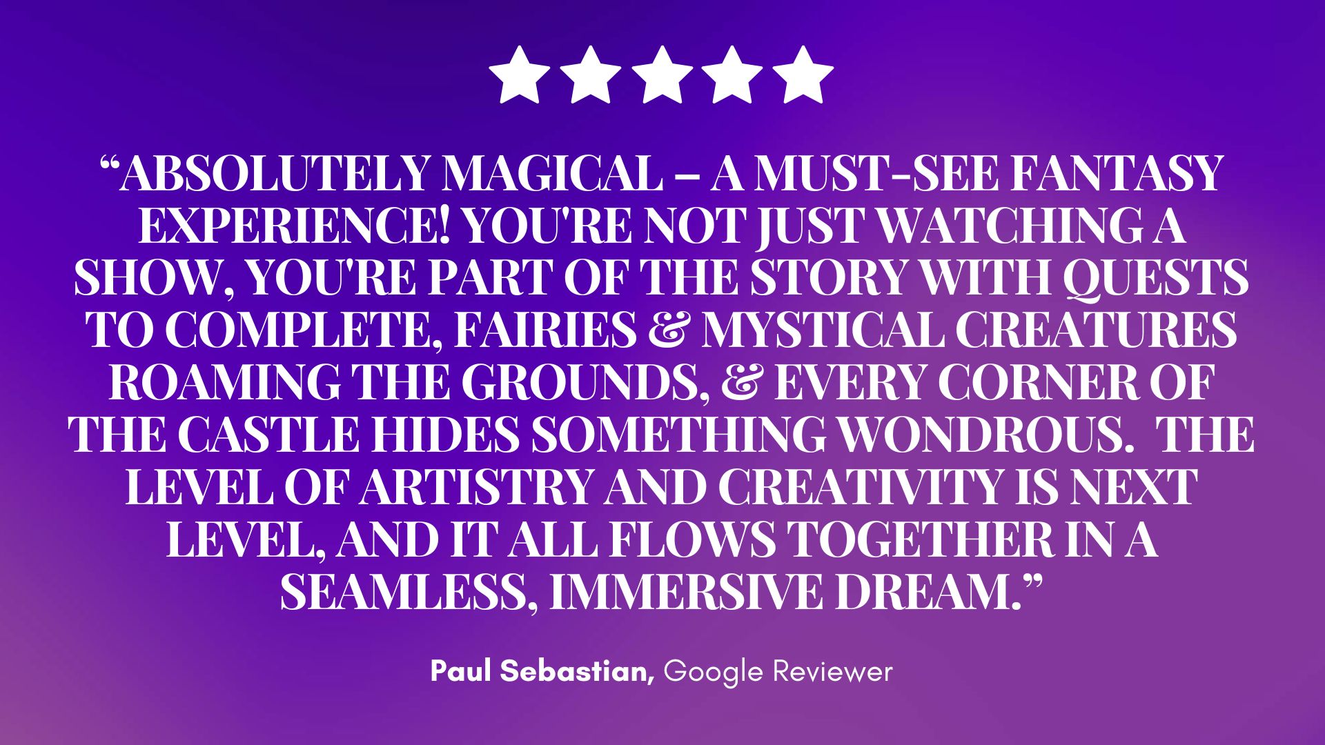 On a starry purple backdrop, a glowing review for Mirth & Mischief praises its magic, artistry, and immersive fantasy adventure. — Mirth & Mischief