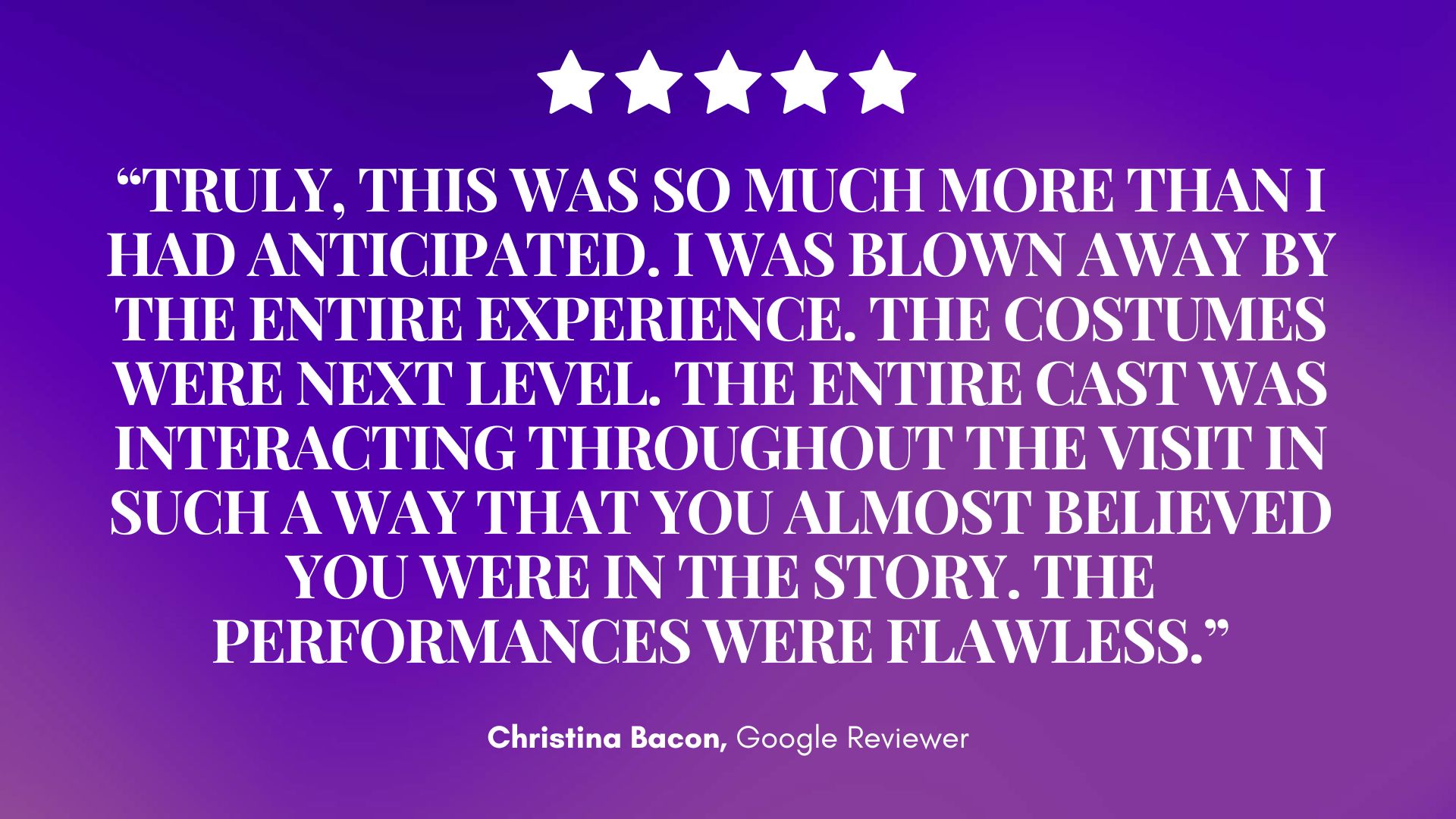 Enchanting purple backdrop with five white stars, glowing review for Mirth & Mischief, praising costumes, cast, by Christina Bacon. — Mirth & Mischief