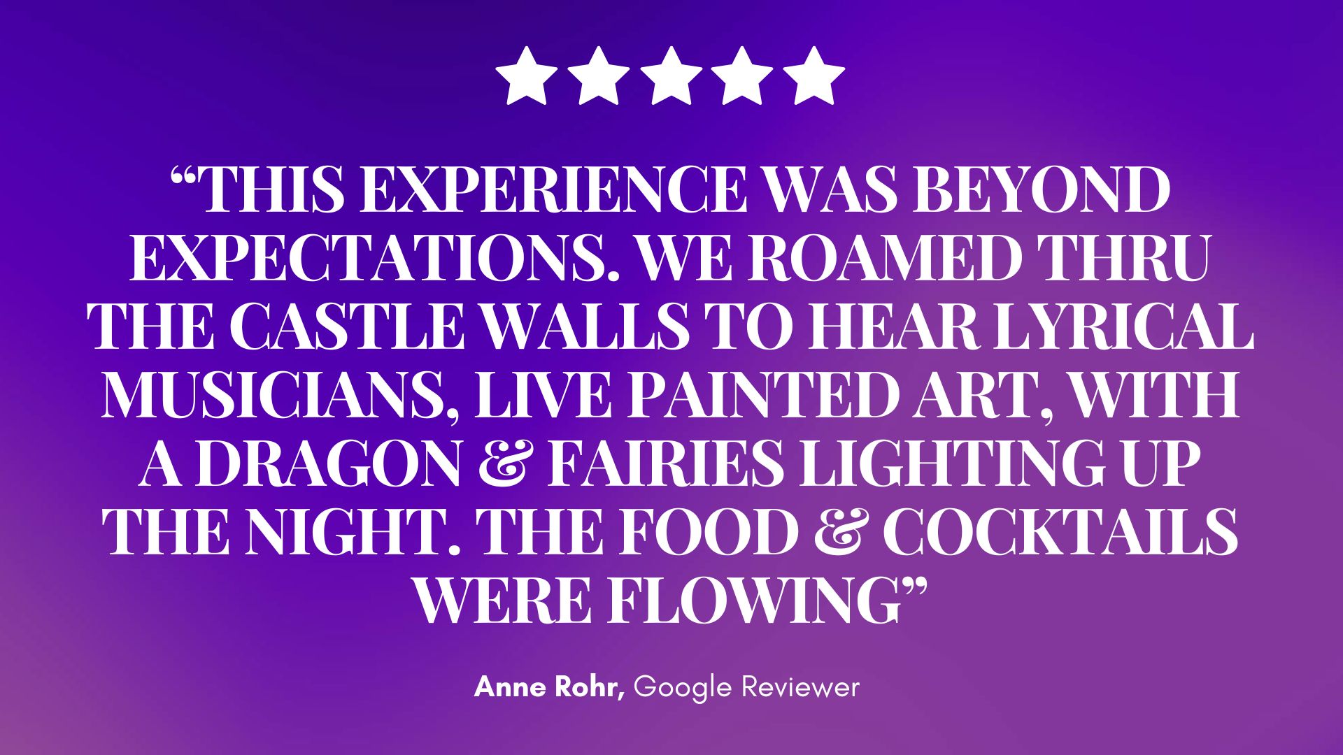 Enchanting purple gradient glows behind five stars and a glowing Mirth & Mischief rave: musicians, art, dragon, fairies. Anne Rohr applauds. — Mirth & Mischief