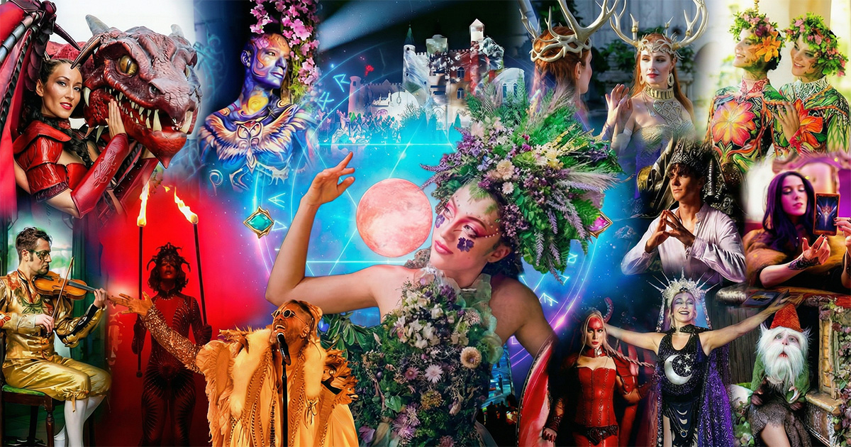 A dazzling Mirth & Mischief scene: fantasy costumes, dragon suit, musicians, glowing lights, and a neon moon at the center. — Mirth & Mischief