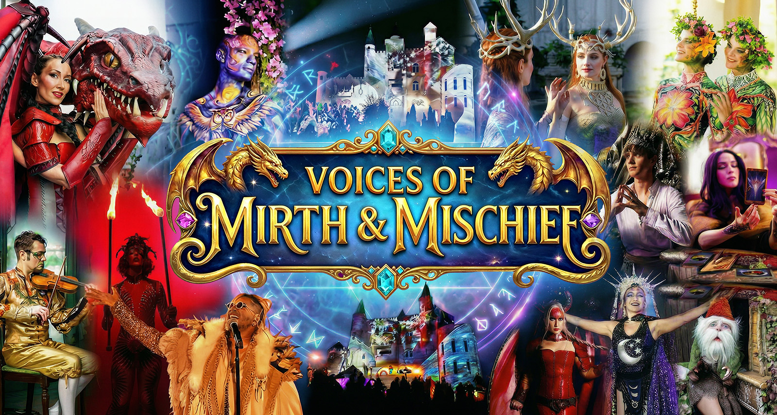 Enchanted collage for Mirth & Mischief at Uhuburg Castle: costumed performers, dragon puppet, wizards, golden dragons abound. — Mirth & Mischief