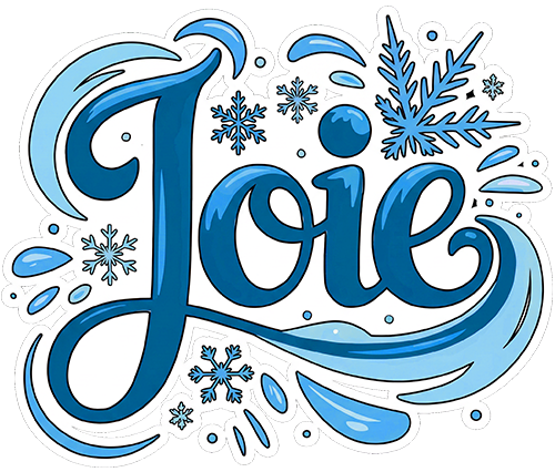 Joie shimmers in bold, blue cursive, framed by snowy flakes and swirling water—capturing winter’s whimsy for Mirth & Mischief. — Mirth & Mischief