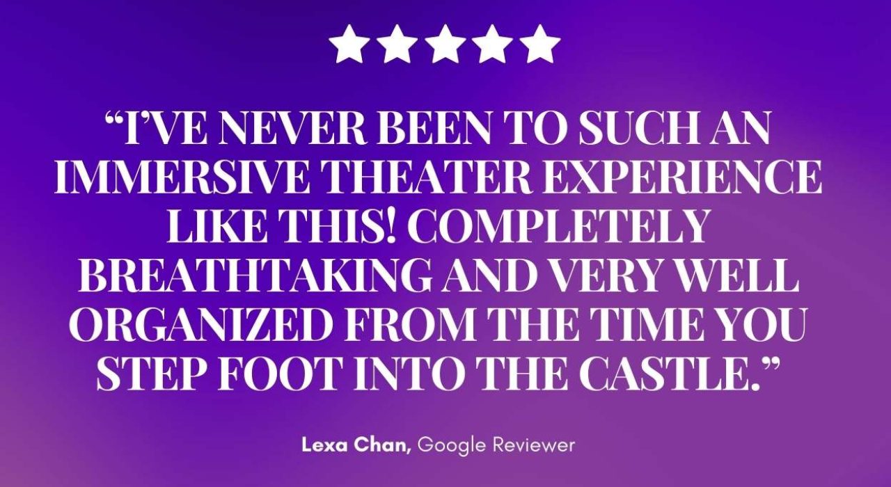 An enchanting purple backdrop showcases five white stars above a bold review praising Mirth & Mischief&rsquo;s immersive theater magic. &mdash; Mirth & Mischief